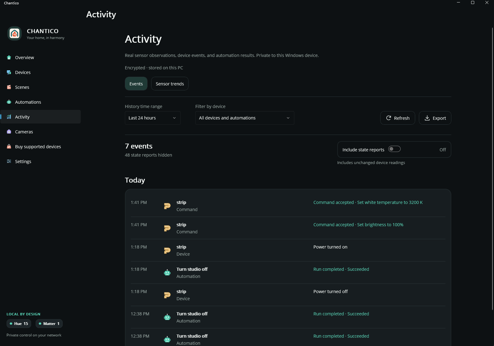 Activity showing command acknowledgements, device changes, and automation results