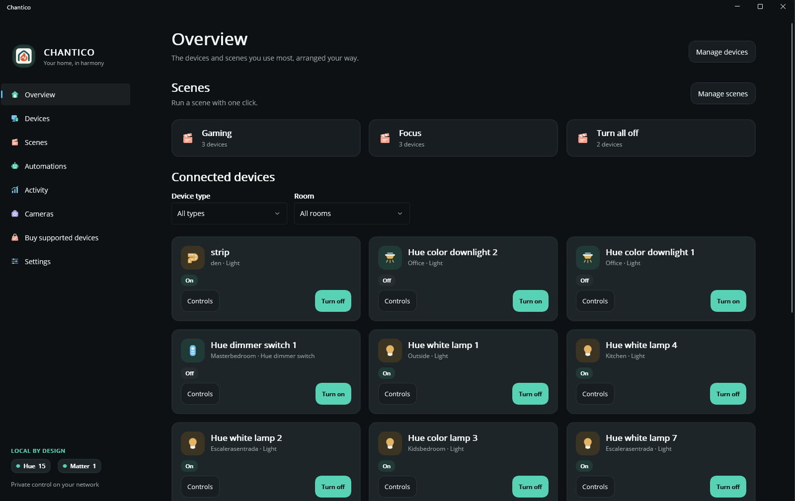 Chantico Overview showing scenes and device controls