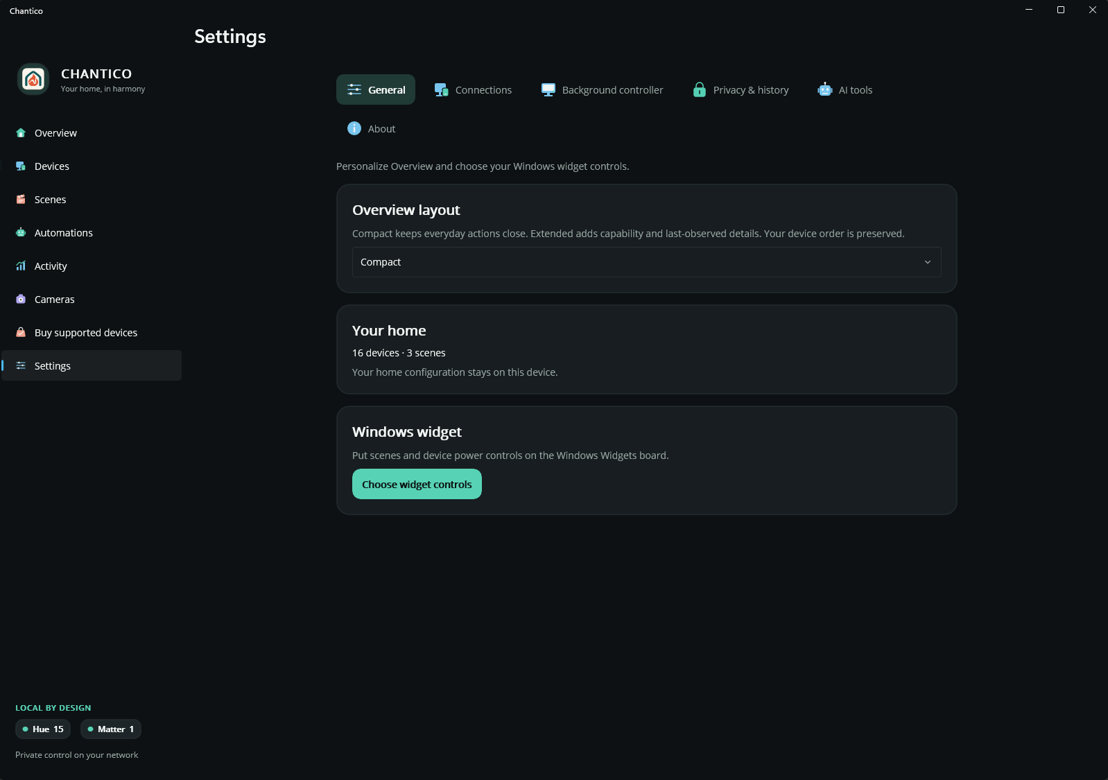 Settings showing the Overview layout and Windows widget configuration