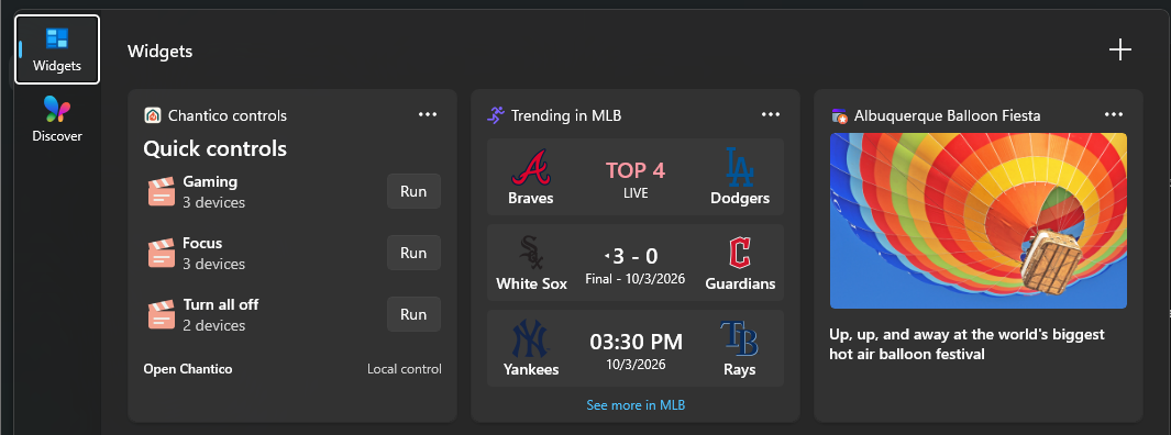Chantico quick controls alongside other widgets on the Windows Widgets board